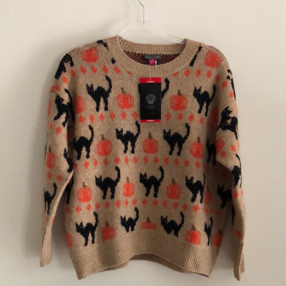 Vince Camuto Halloween Crewneck Sweater with Black Cat & Orange Pumpkin Motif